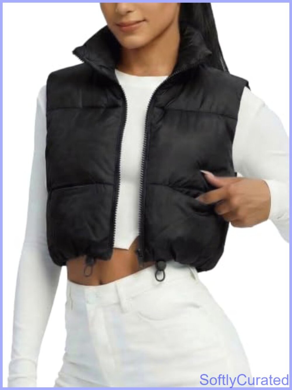 Cropped Puffer Vest Lightweight Zip Pockets Stand Collar